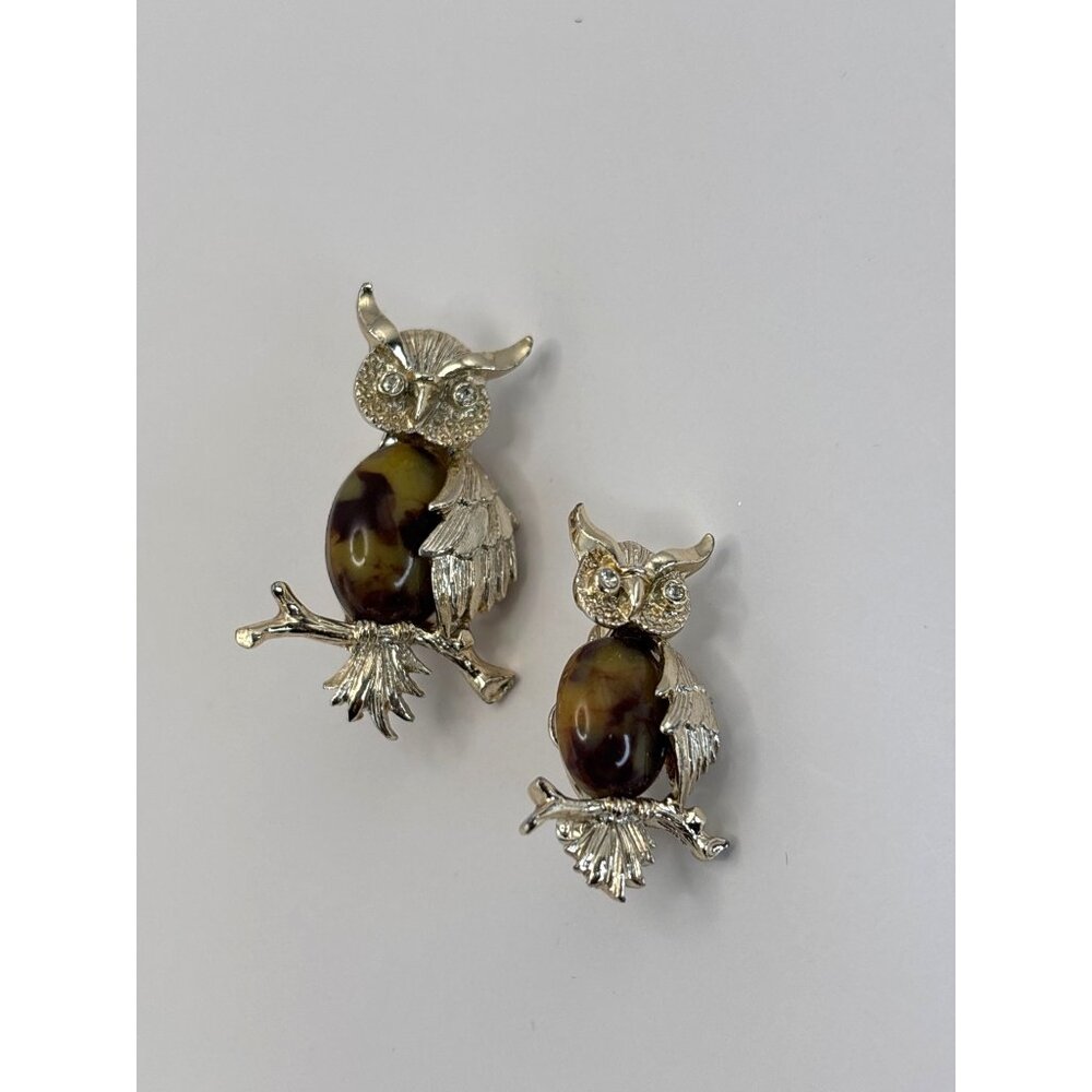 Gerrys Vintage Owl Brooch Pin Set Gold Tone Rhinestone Eyes Cabochon Belly